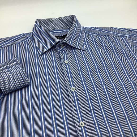 Bugatchi Mens Long Sleeve Button Up Shirt Blue Striped Size XL - Picture 1 of 7